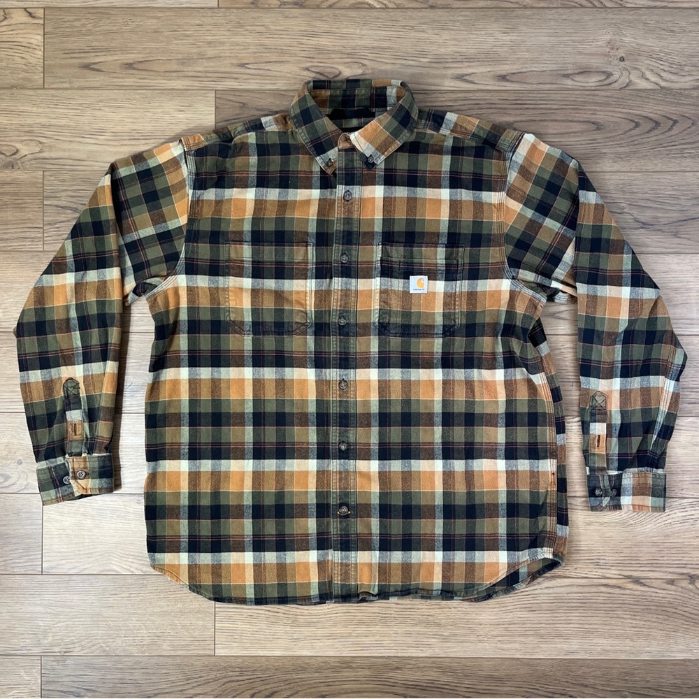 Carhartt Shirt Flannel Mens XL Button Down Midweight Loose Fit Orange Brown